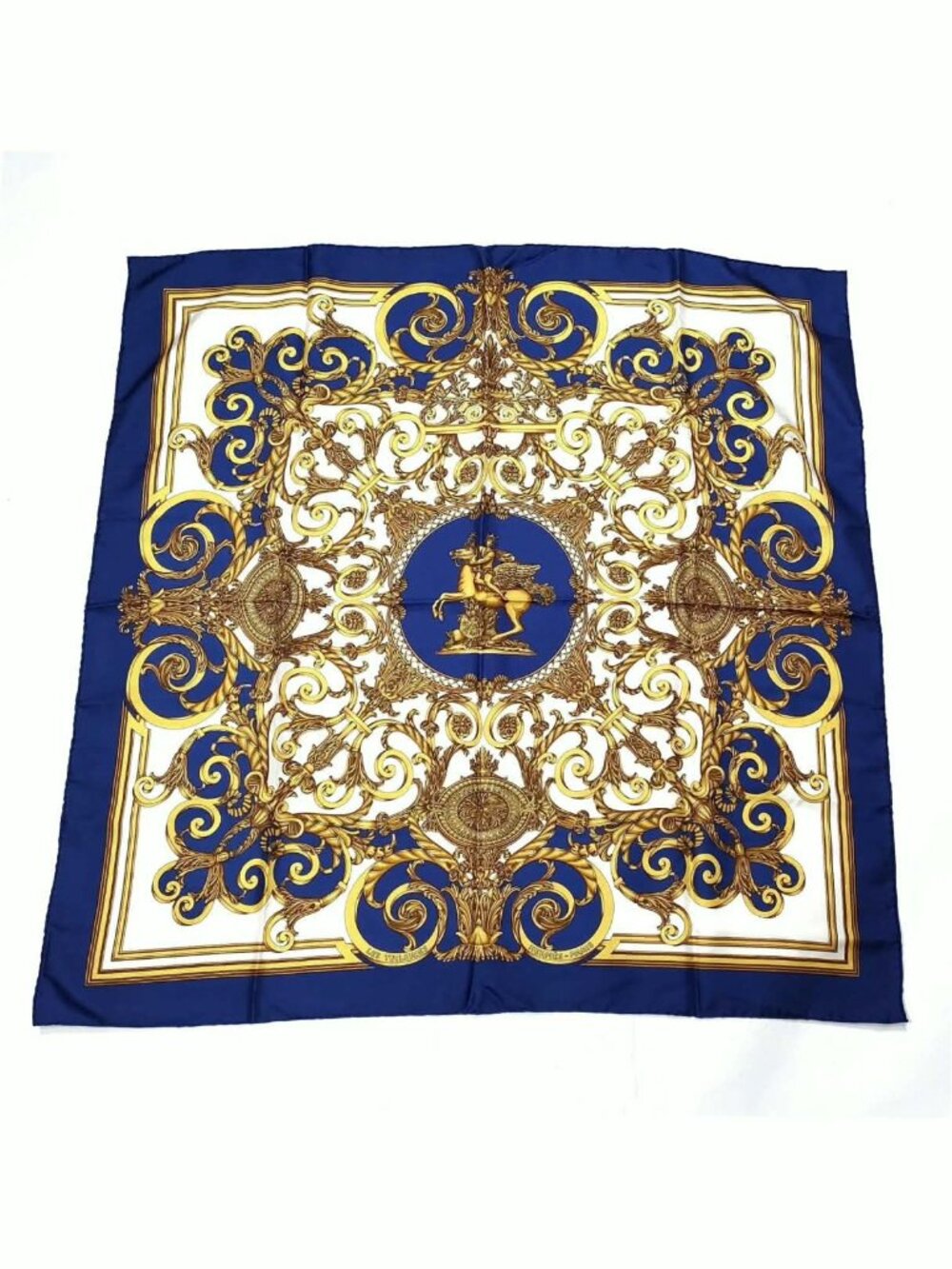 Authentic Hermès Silk Scarf Blue Gold Baroque Print Carré 90 - Picture 2 of 10
